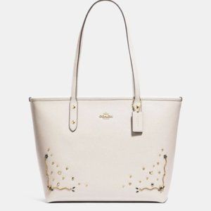 COACH City Zip Tote with Stardust Crystal Rivets (Chalk/Gold)
